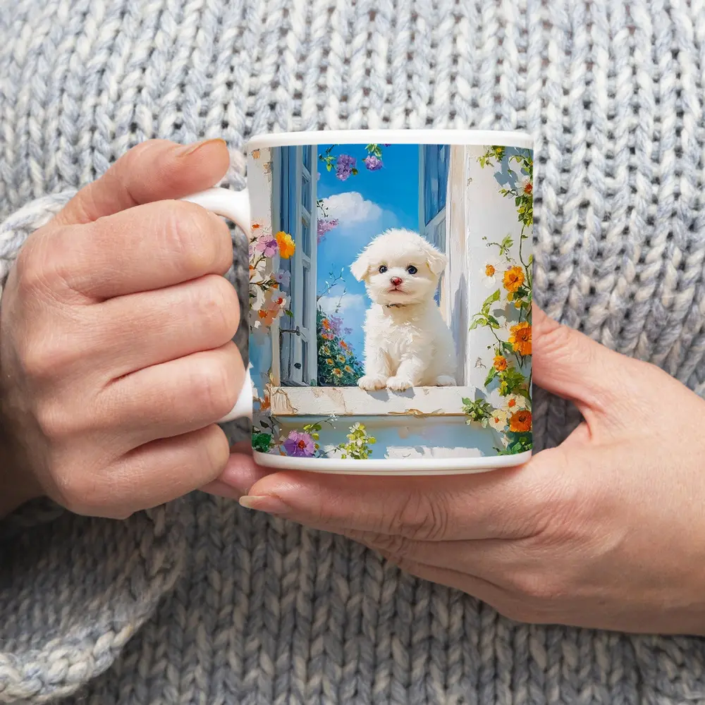 Bichon Frise Puppy Oil Painting Window Flowers – Mugs