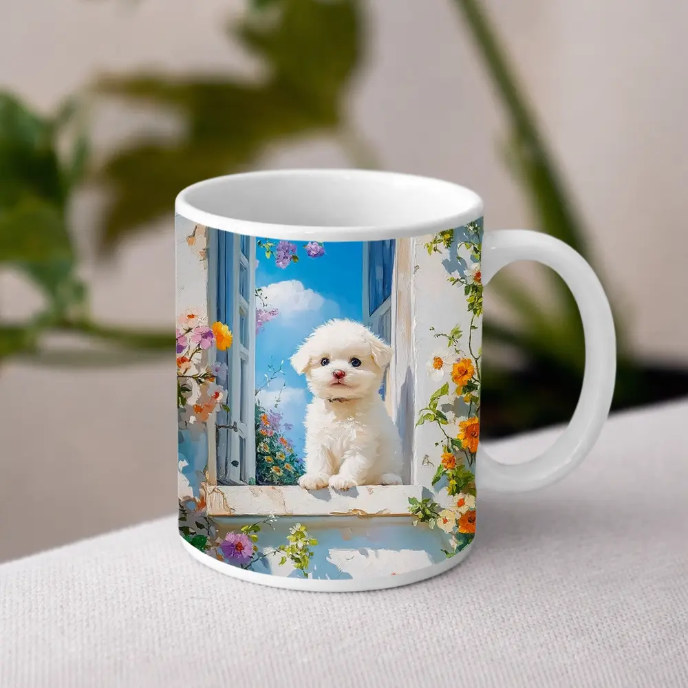 Bichon Frise Puppy Oil Painting Window Flowers – Mugs
