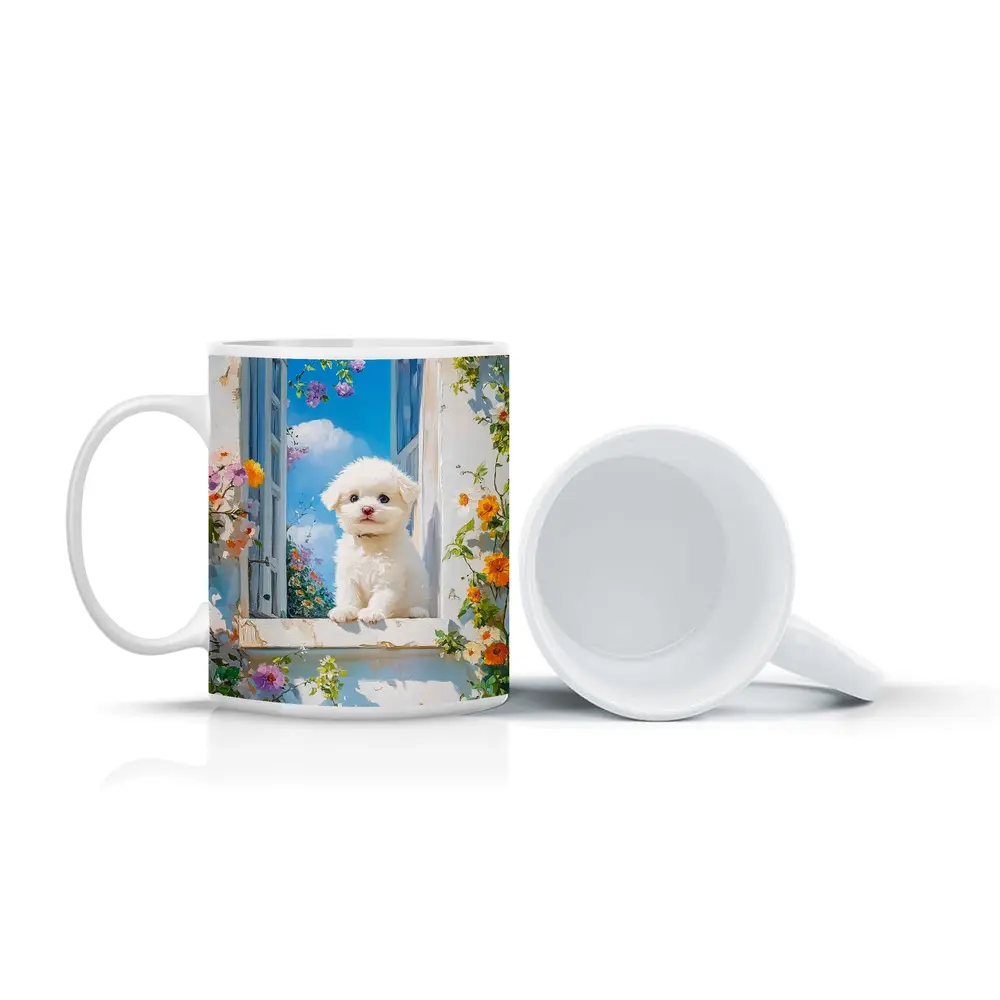 Bichon Frise Puppy Oil Painting Window Flowers – Mugs