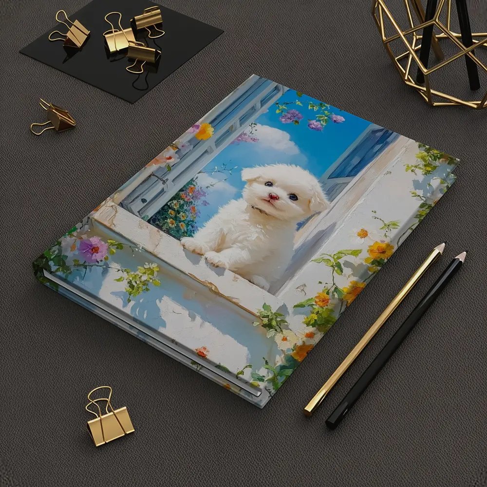 Bichon Frise Puppy Oil Painting Window Flowers – Notebooks