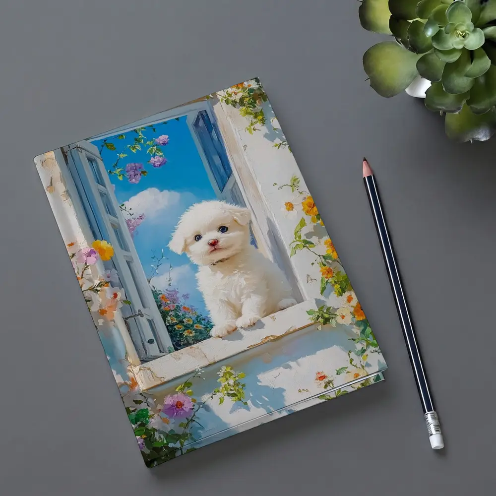 Bichon Frise Puppy Oil Painting Window Flowers – Notebooks