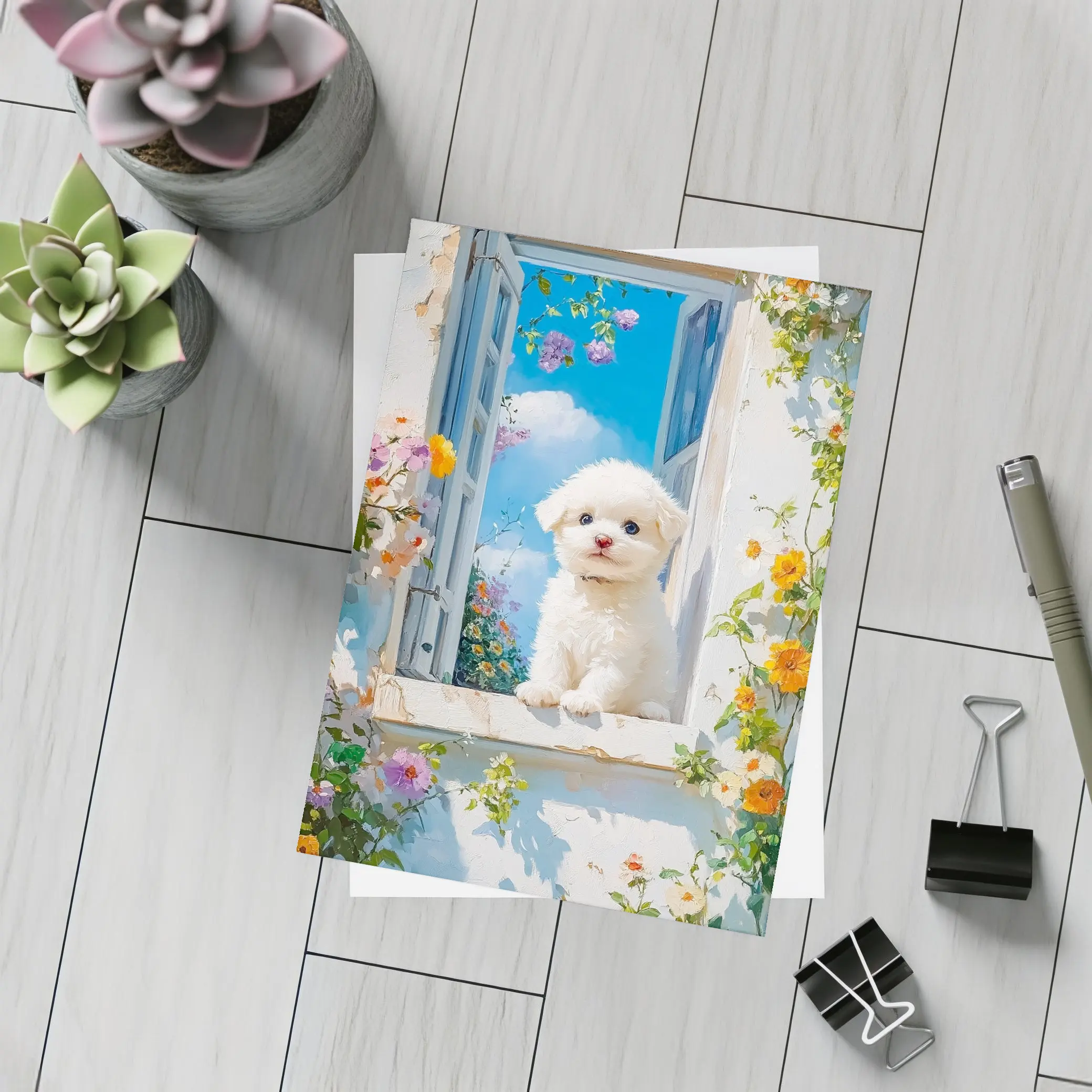 Bichon Frise Puppy Oil Painting Window Flowers – Postcards