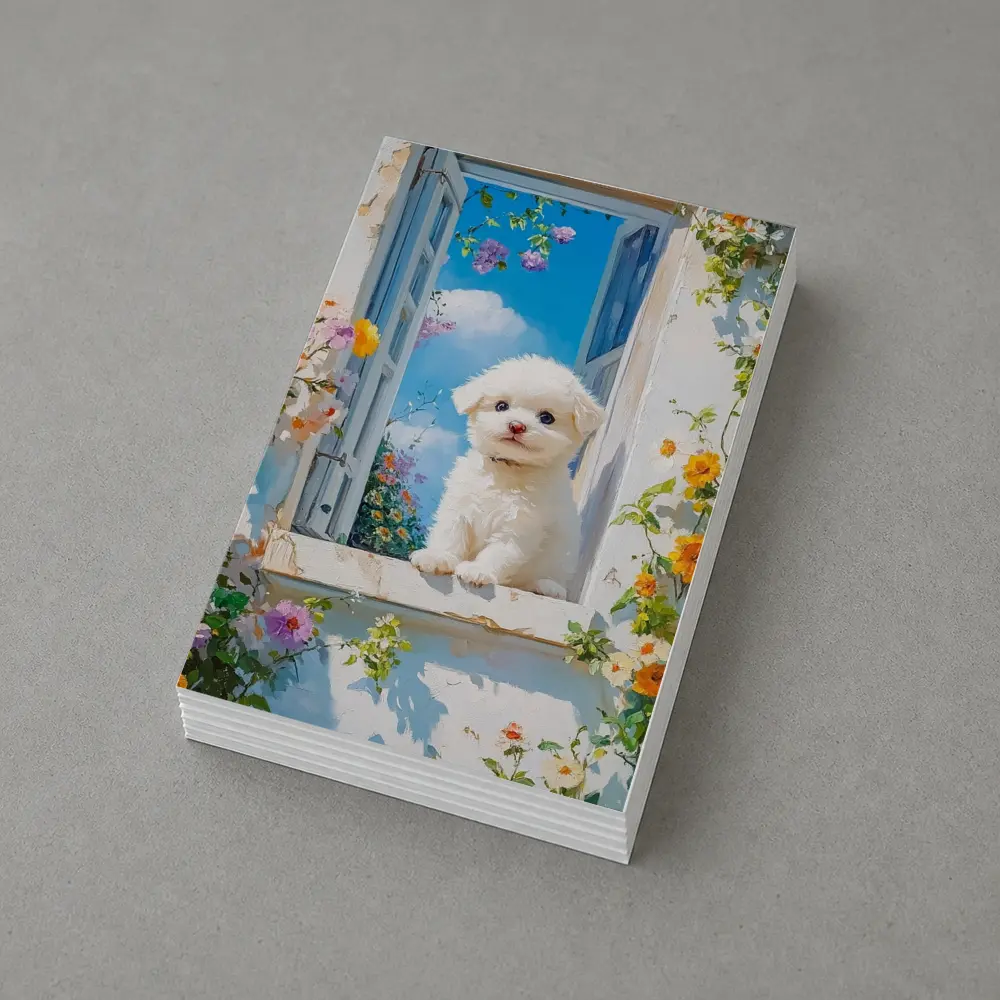 Bichon Frise Puppy Oil Painting Window Flowers – Postcards