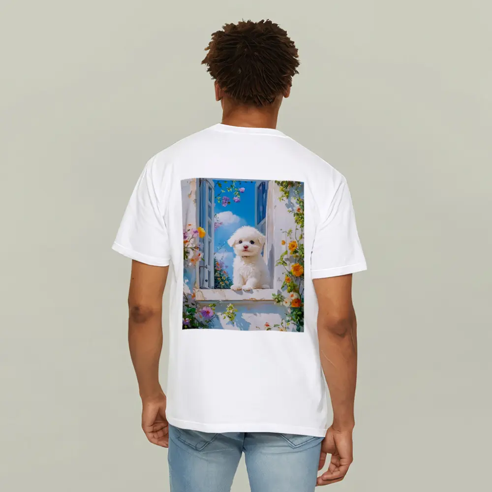 Bichon Frise Puppy Oil Painting Window Flowers – T-Shirts