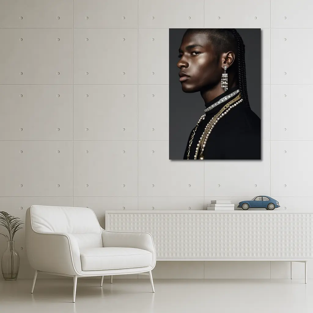 Young Man With Braids and Jewelry Gray Background – Wall Art