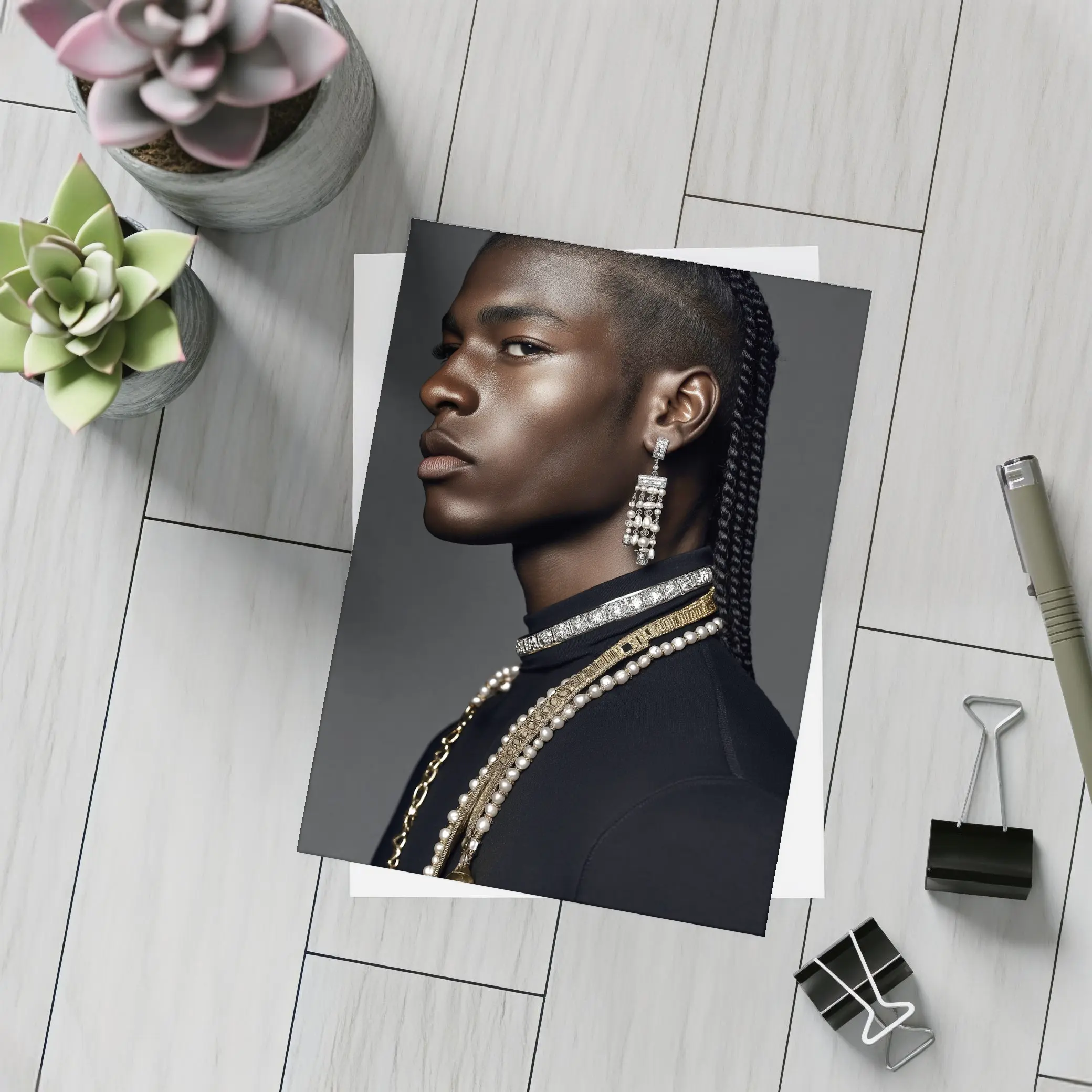 Young Man With Braids and Jewelry Gray Background – Postcards