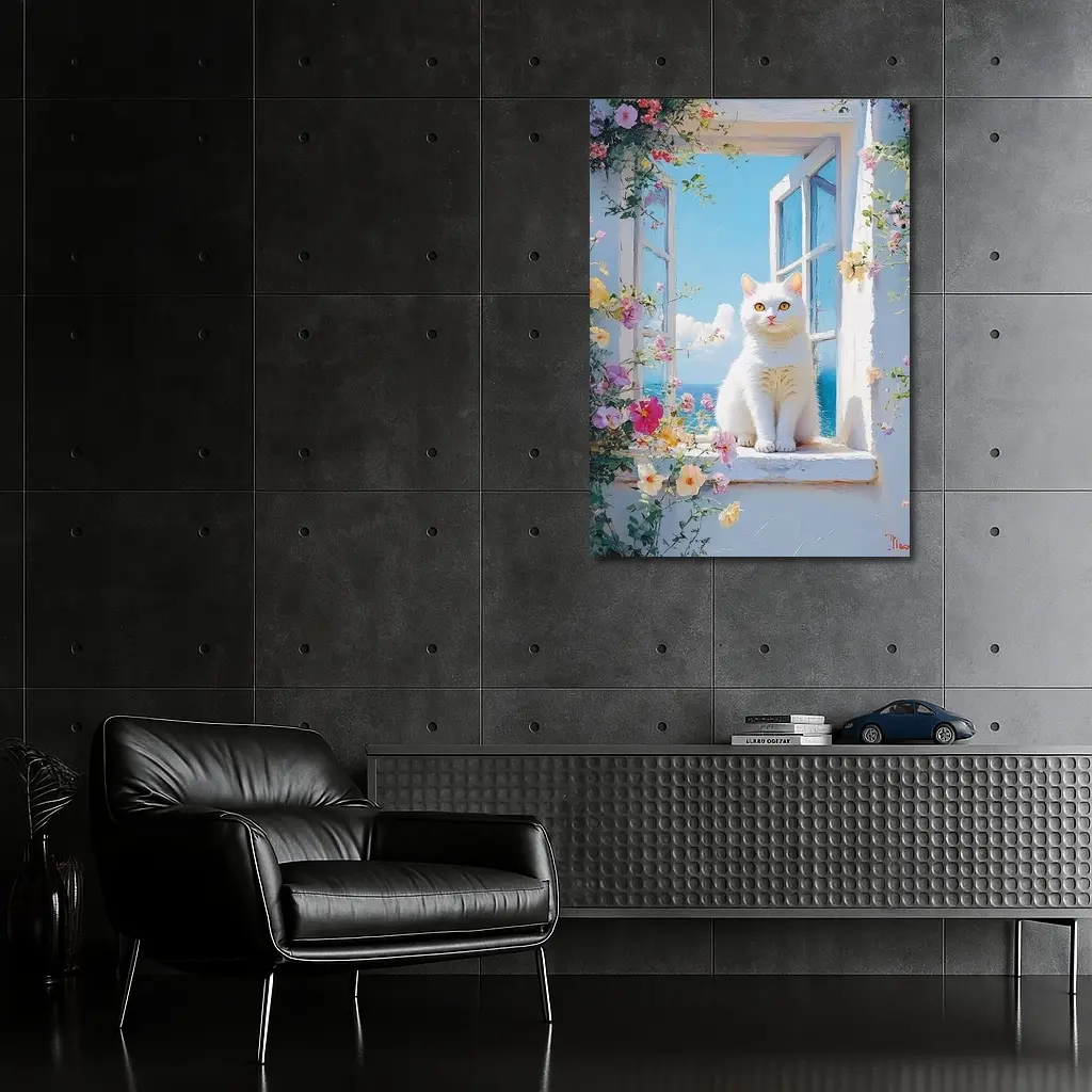 White Cat Sitting On Floral Window Sill – Wall Art