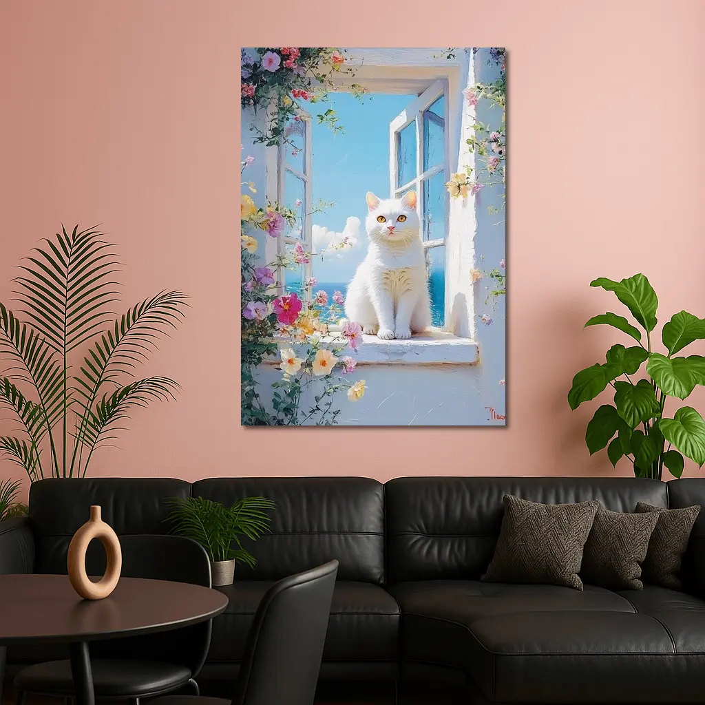 White Cat Sitting On Floral Window Sill – Wall Art