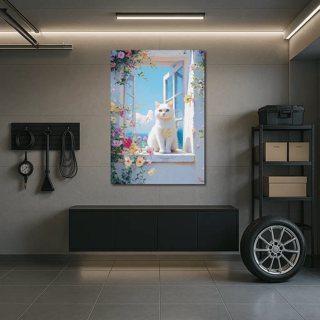 White Cat Sitting On Floral Window Sill – Wall Art