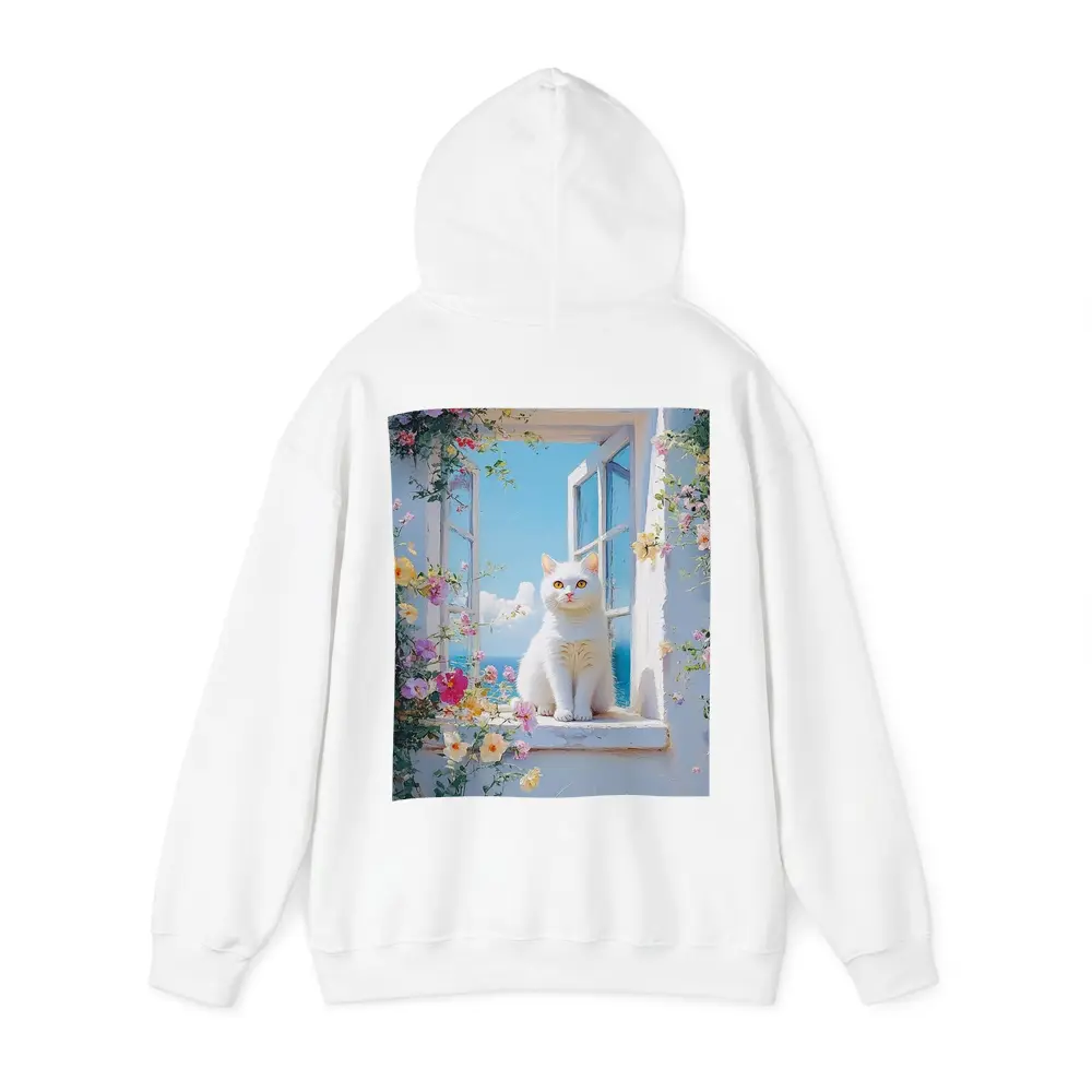 White Cat Sitting On Floral Window Sill – Hoodies