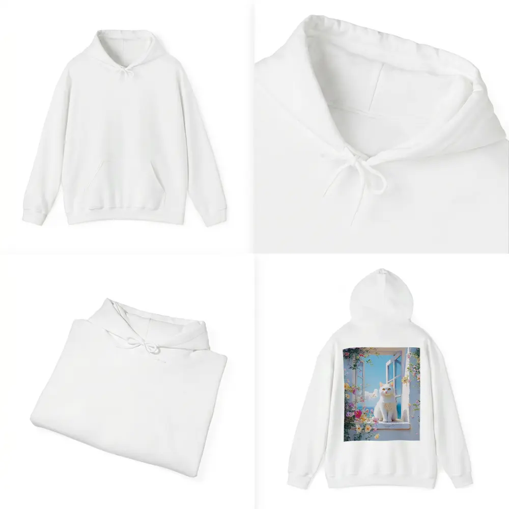 White Cat Sitting On Floral Window Sill – Hoodies