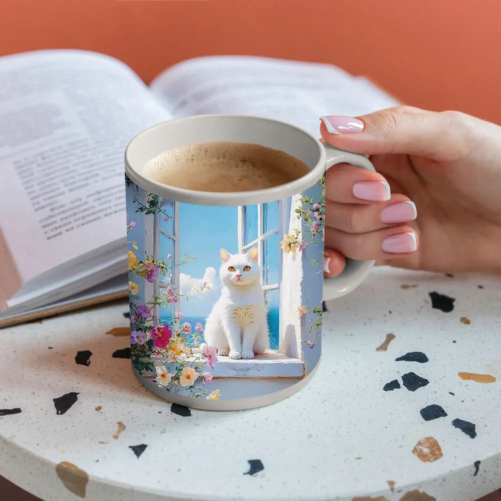 White Cat Sitting On Floral Window Sill – Mugs