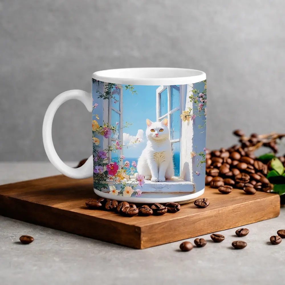 White Cat Sitting On Floral Window Sill – Mugs