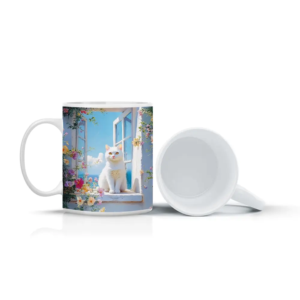 White Cat Sitting On Floral Window Sill – Mugs