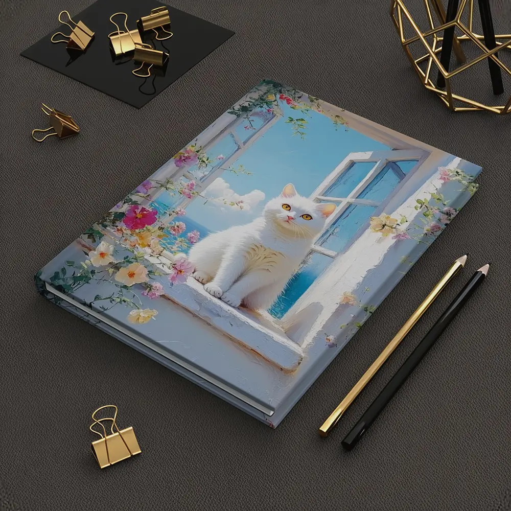 White Cat Sitting On Floral Window Sill – Notebooks