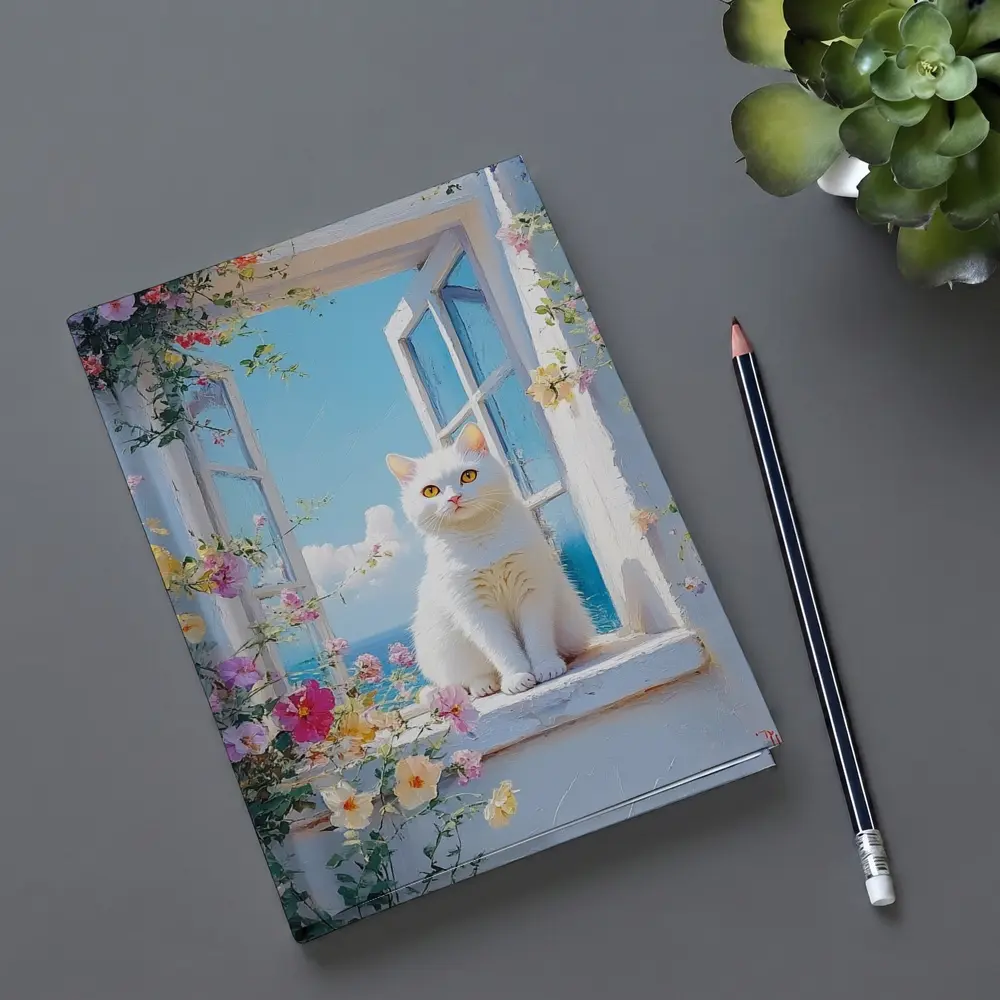 White Cat Sitting On Floral Window Sill – Notebooks