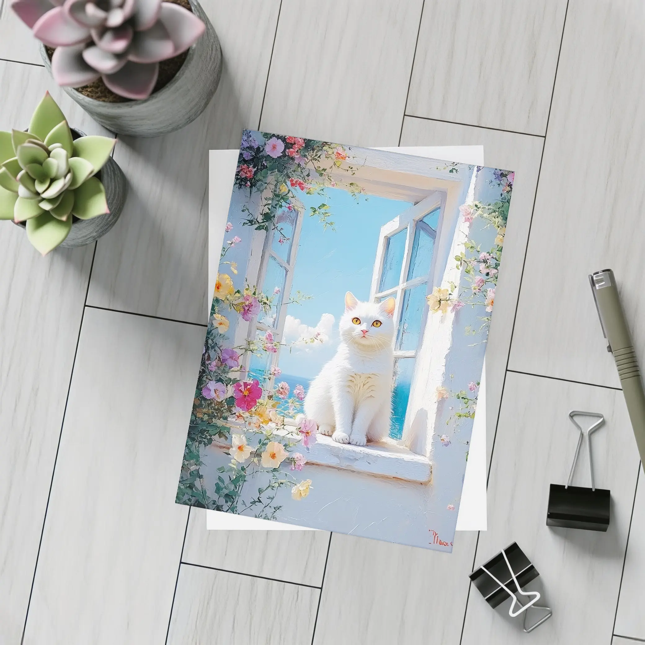 White Cat Sitting On Floral Window Sill – Postcards