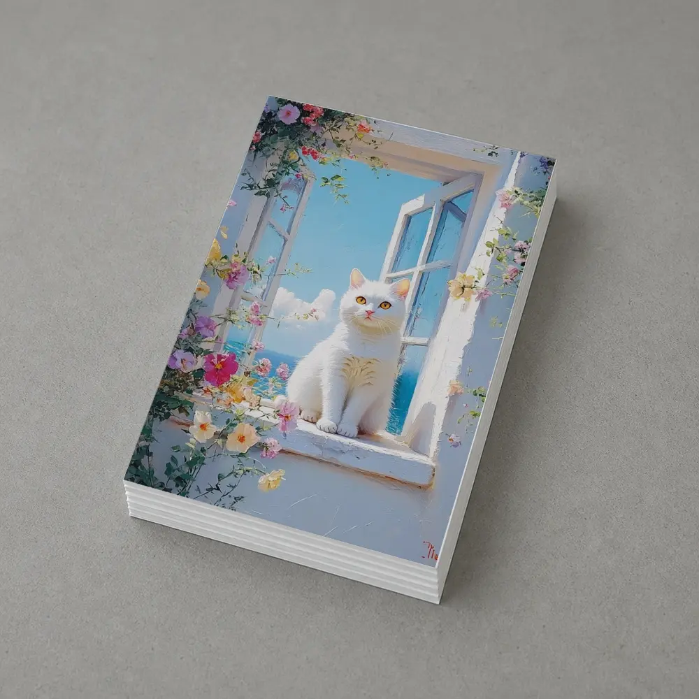 White Cat Sitting On Floral Window Sill – Postcards