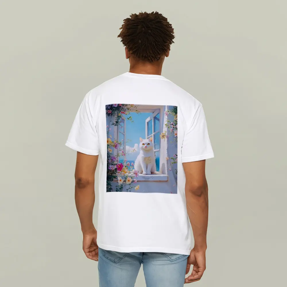 White Cat Sitting On Floral Window Sill – T-Shirts