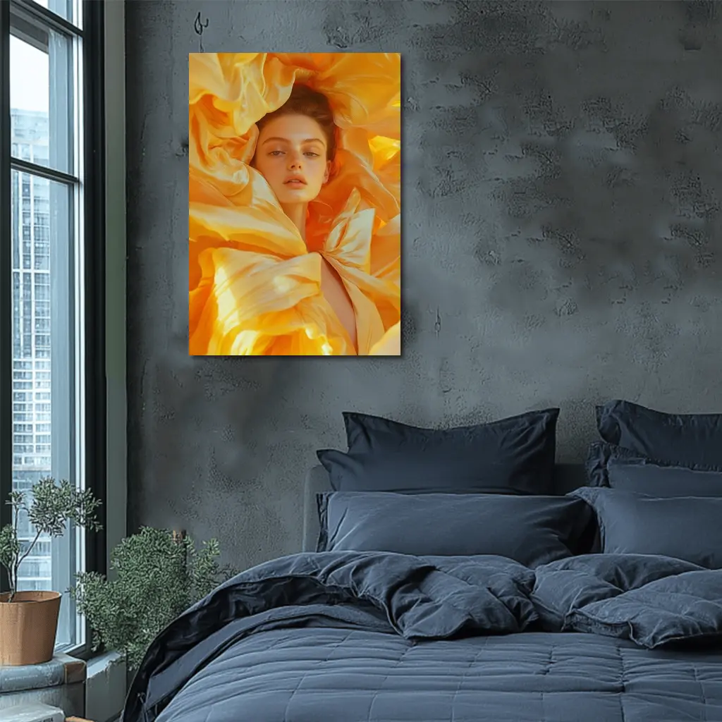 Woman Surrounded by Golden Yellow Silk Petals – Wall Art