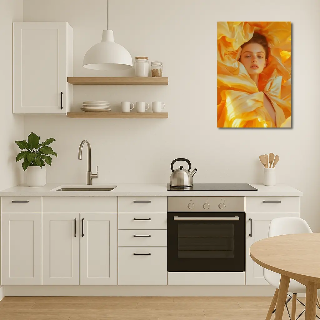 Woman Surrounded by Golden Yellow Silk Petals – Wall Art