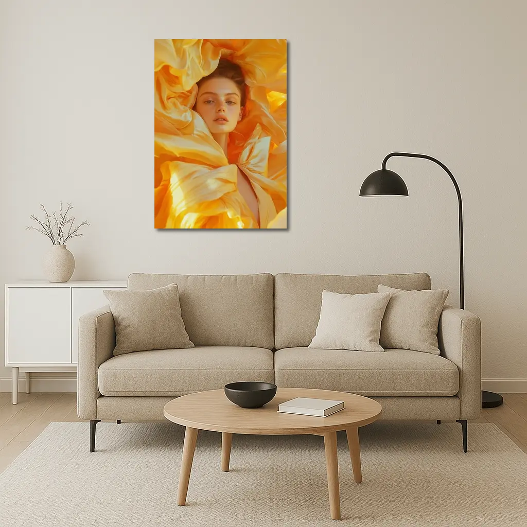 Woman Surrounded by Golden Yellow Silk Petals – Wall Art