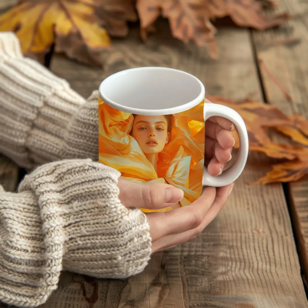 Woman Surrounded by Golden Yellow Silk Petals – Mugs