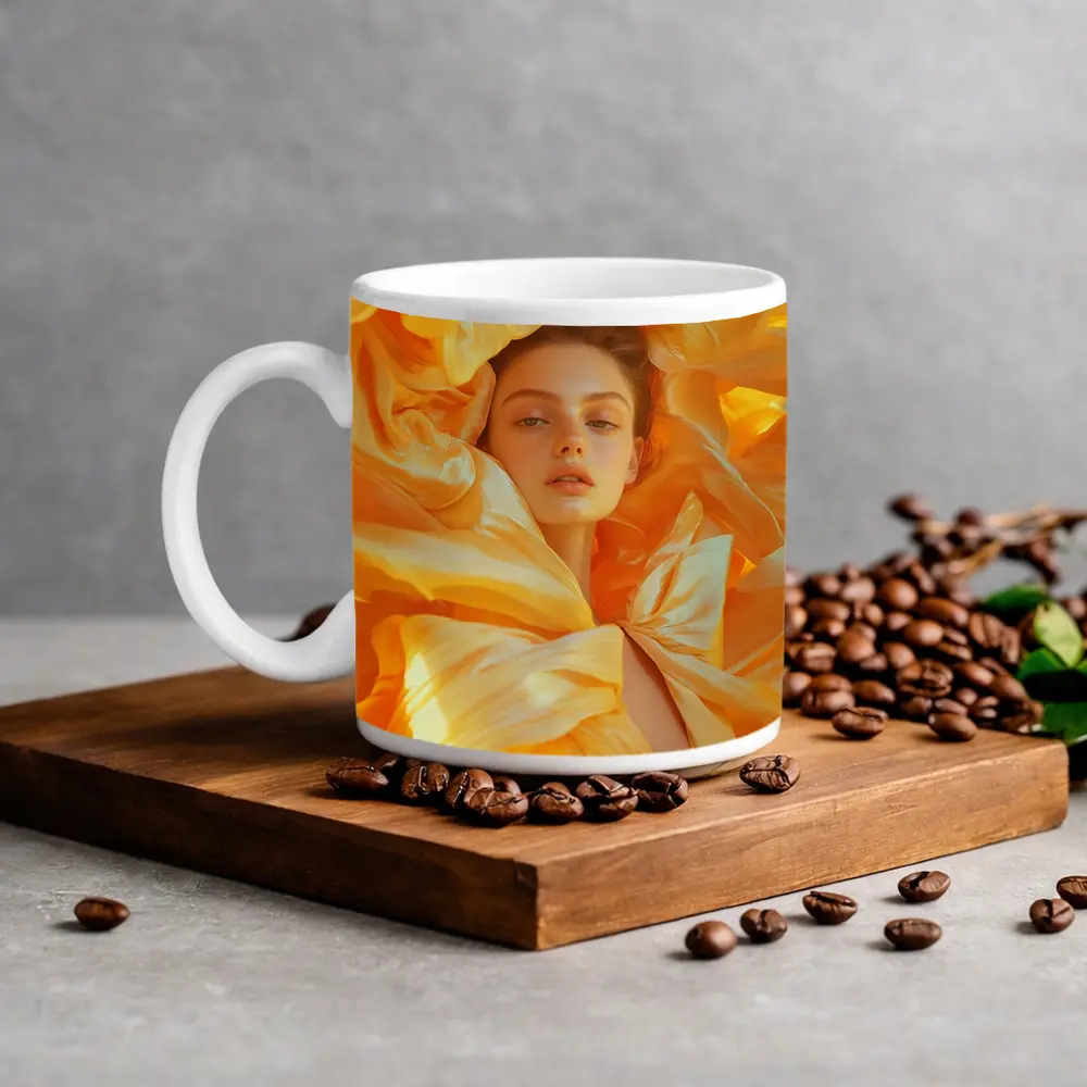 Woman Surrounded by Golden Yellow Silk Petals – Mugs