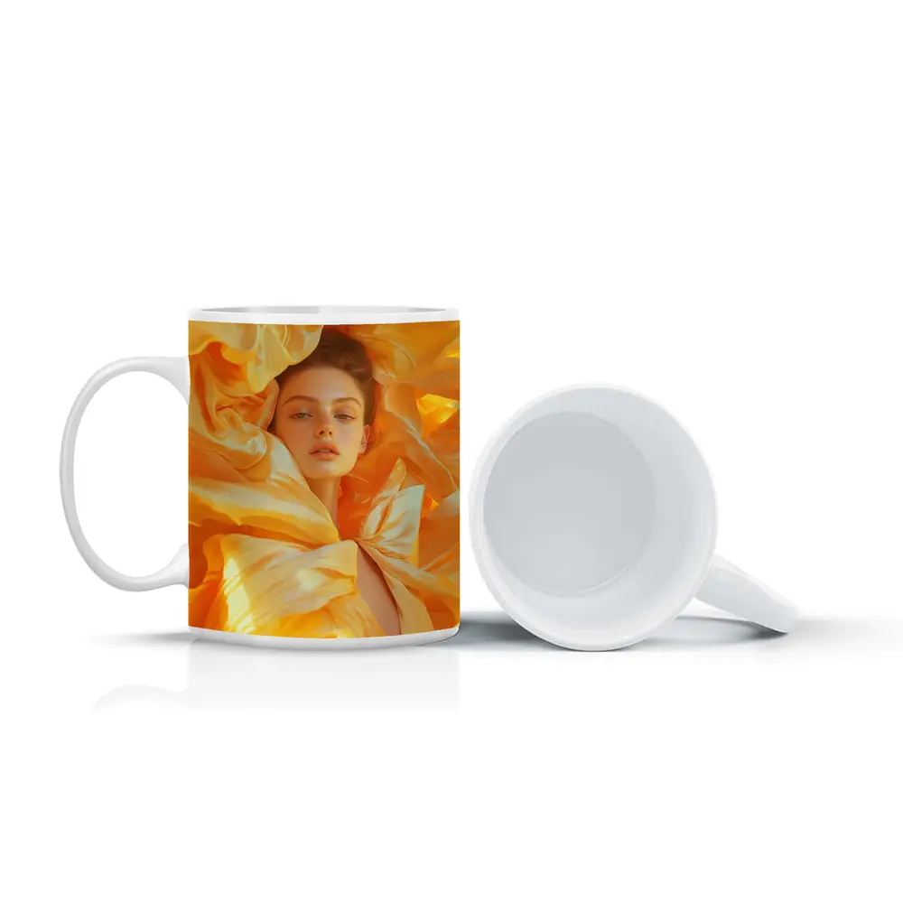 Woman Surrounded by Golden Yellow Silk Petals – Mugs