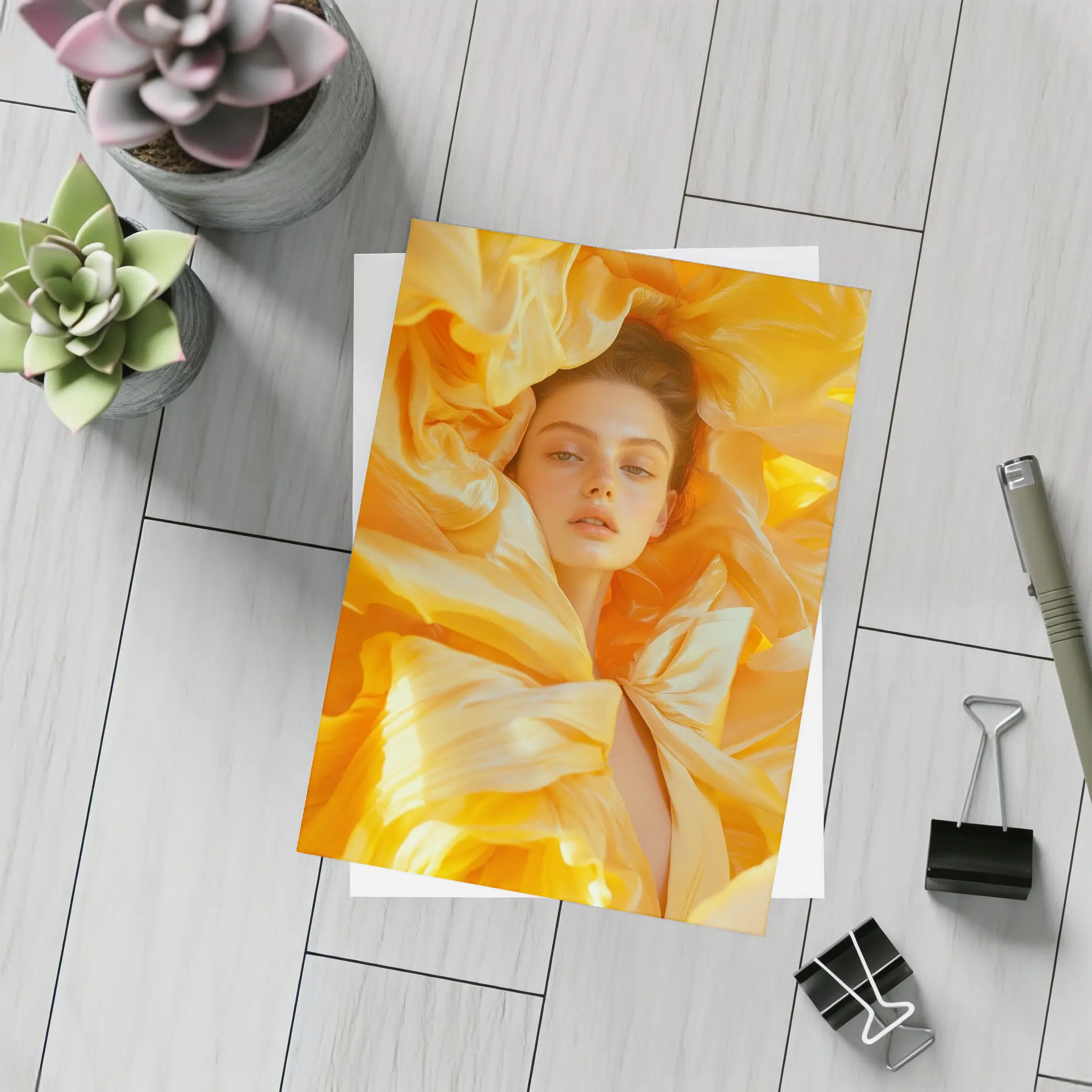 Woman Surrounded by Golden Yellow Silk Petals – Postcards