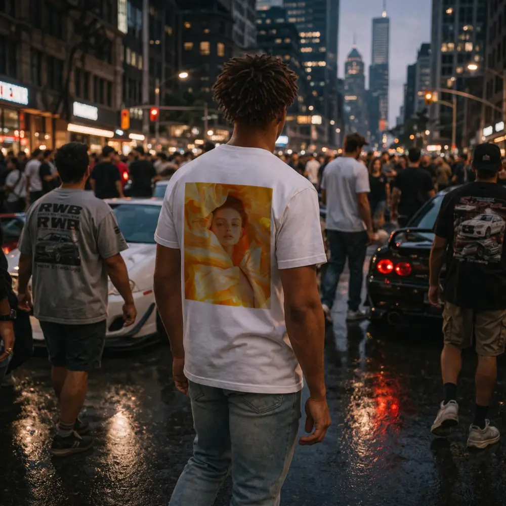 Woman Surrounded by Golden Yellow Silk Petals – T-Shirts