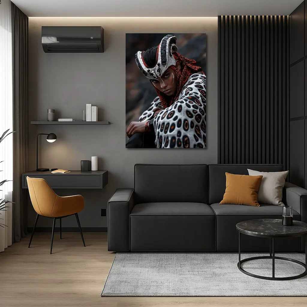 Fantasy Warrior Woman Tribal Armor Dark Background – Wall Art