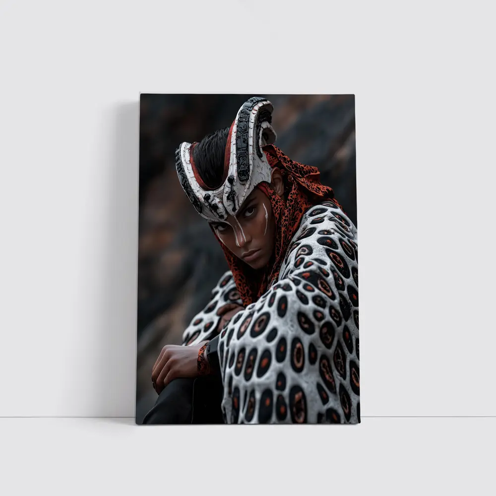 Fantasy Warrior Woman Tribal Armor Dark Background – Wall Art