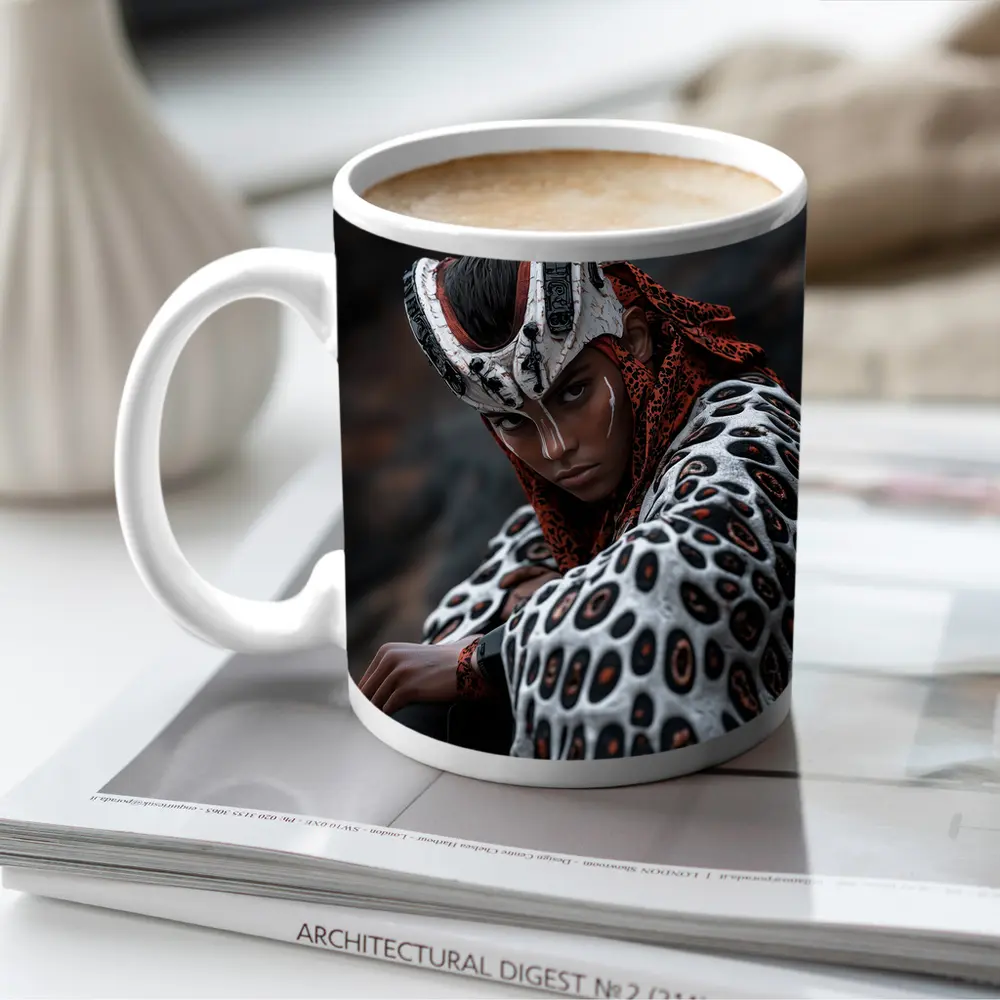 Fantasy Warrior Woman Tribal Armor Dark Background – Mugs