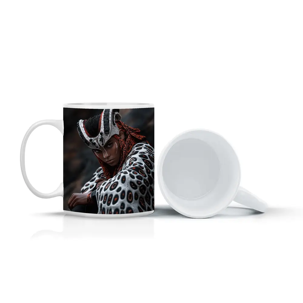 Fantasy Warrior Woman Tribal Armor Dark Background – Mugs