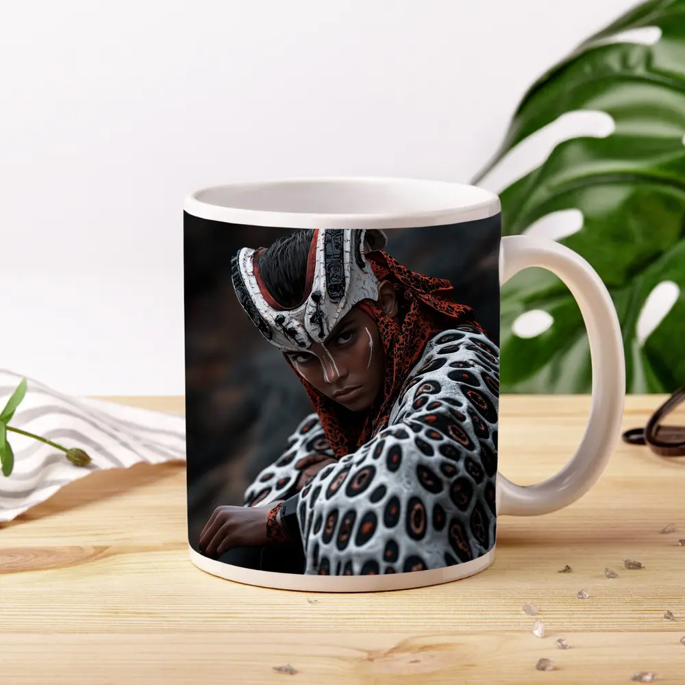 Fantasy Warrior Woman Tribal Armor Dark Background – Mugs