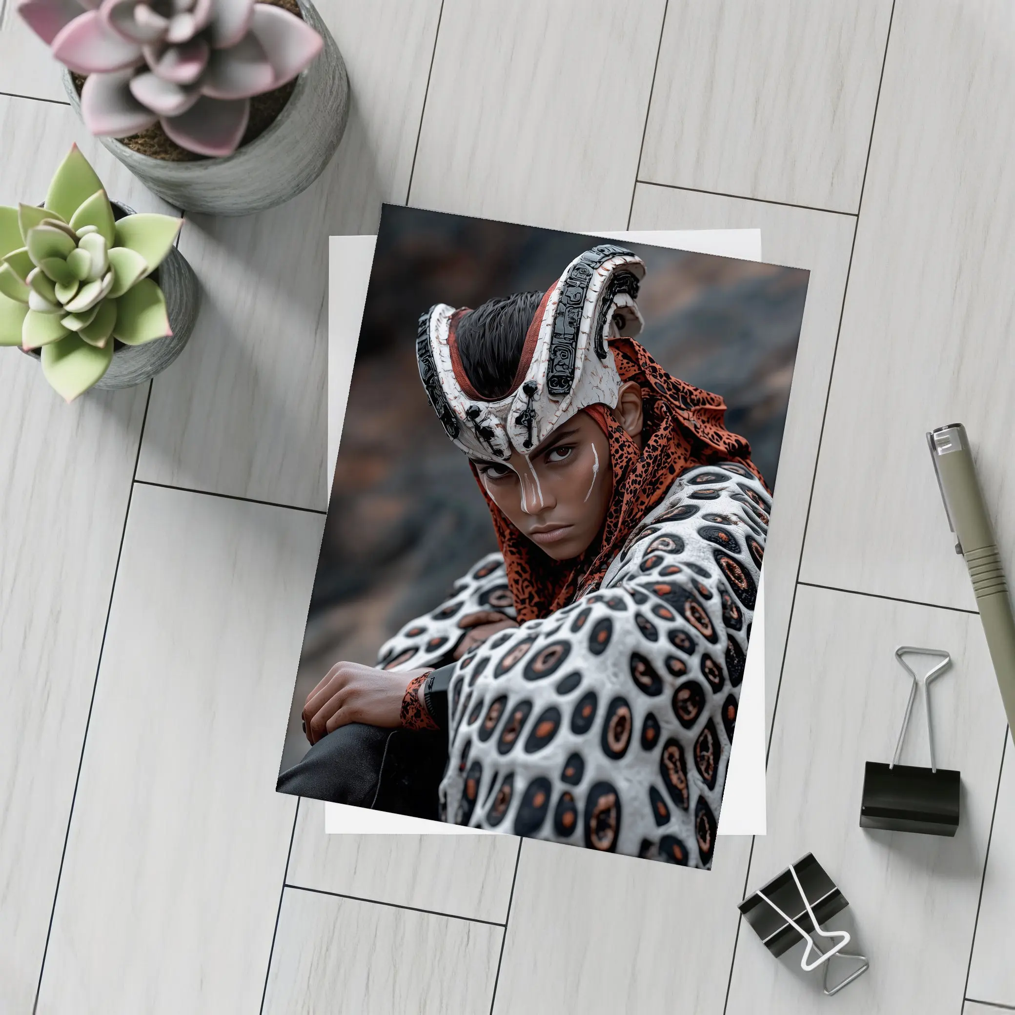 Fantasy Warrior Woman Tribal Armor Dark Background – Postcards