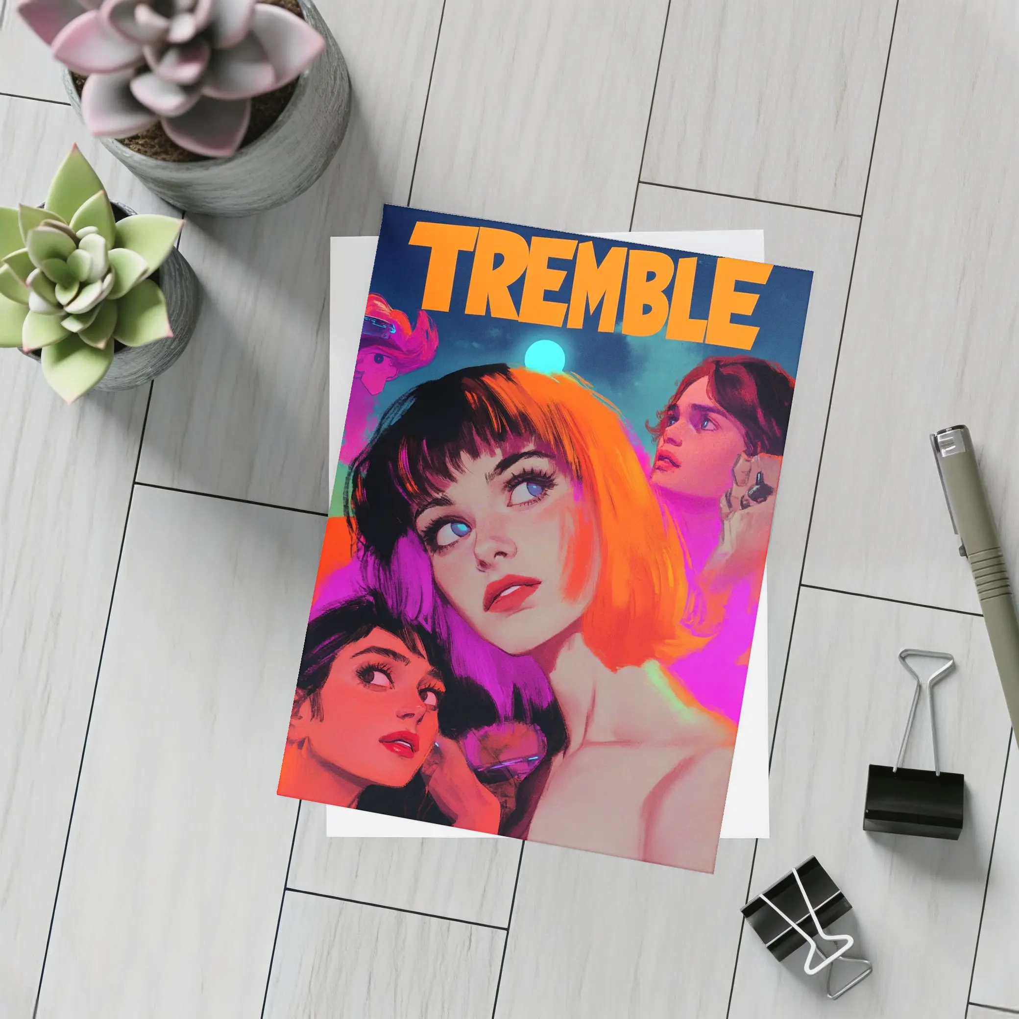 Tremble Bold Neon Women Illustrated Cosmic Art – Postcards