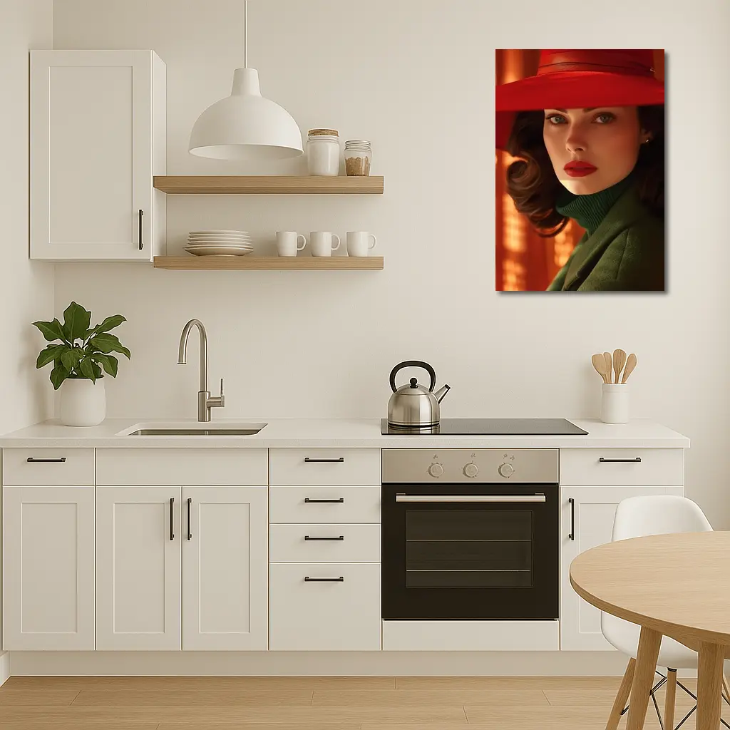 Woman Red Hat Green Coat Retro Portrait – Wall Art