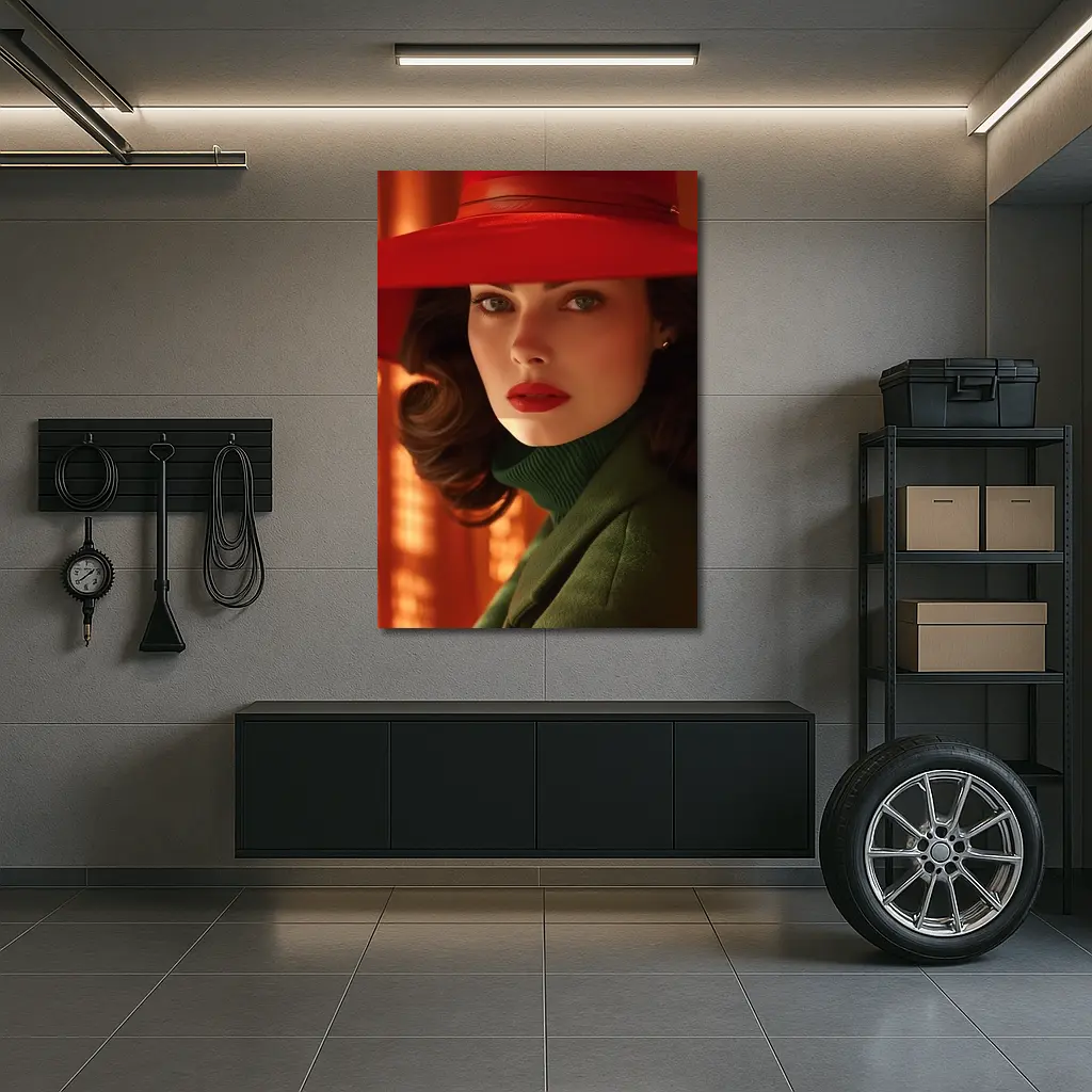 Woman Red Hat Green Coat Retro Portrait – Wall Art
