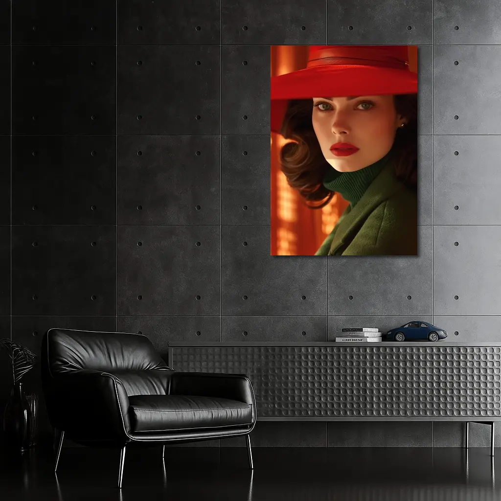 Woman Red Hat Green Coat Retro Portrait – Wall Art