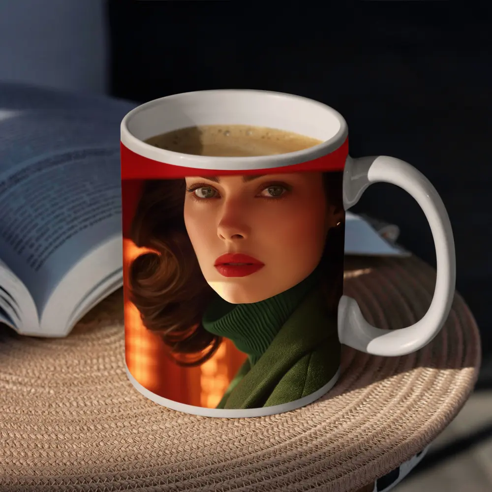 Woman Red Hat Green Coat Retro Portrait – Mugs