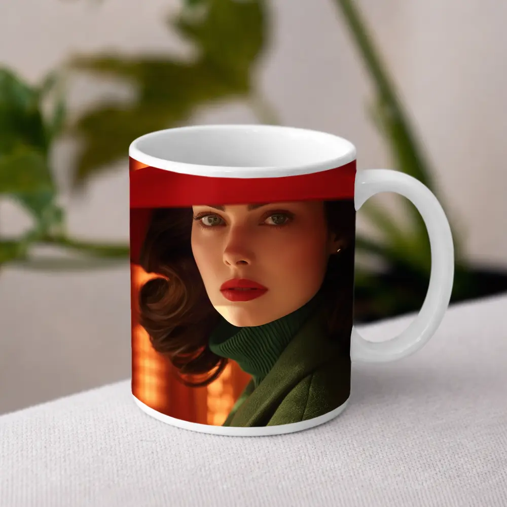 Woman Red Hat Green Coat Retro Portrait – Mugs