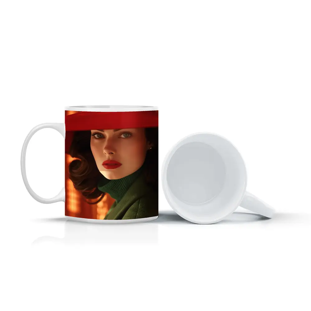 Woman Red Hat Green Coat Retro Portrait – Mugs