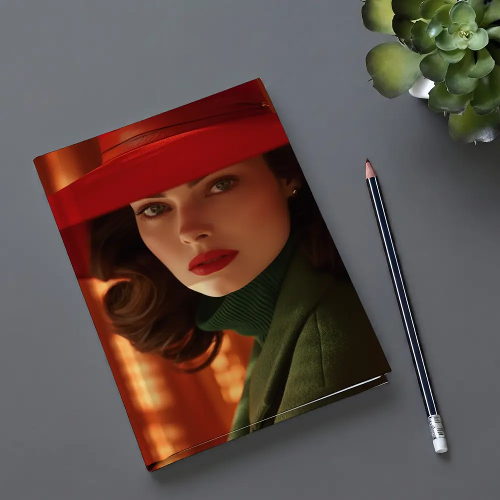 Woman Red Hat Green Coat Retro Portrait – Notebooks