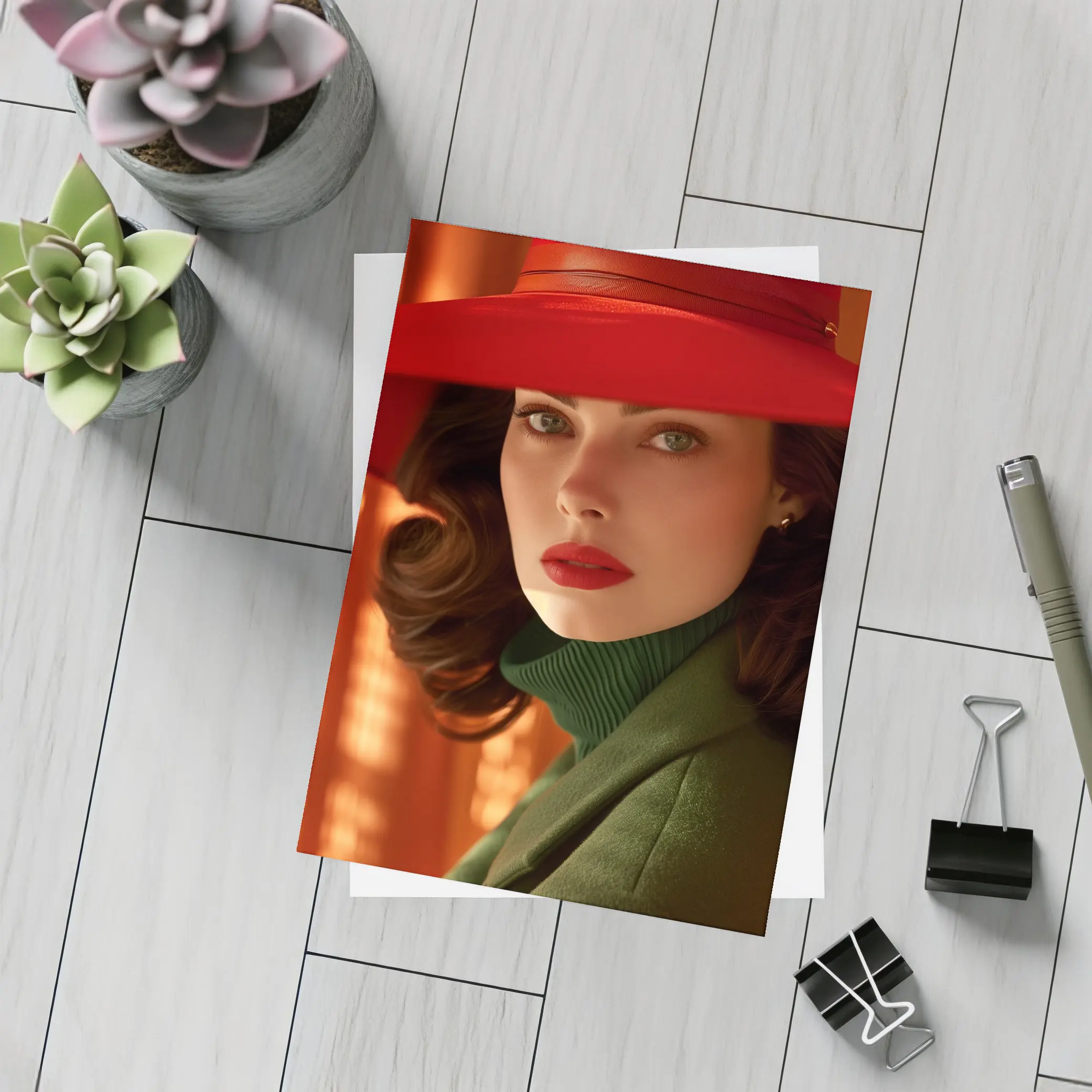 Woman Red Hat Green Coat Retro Portrait – Postcards