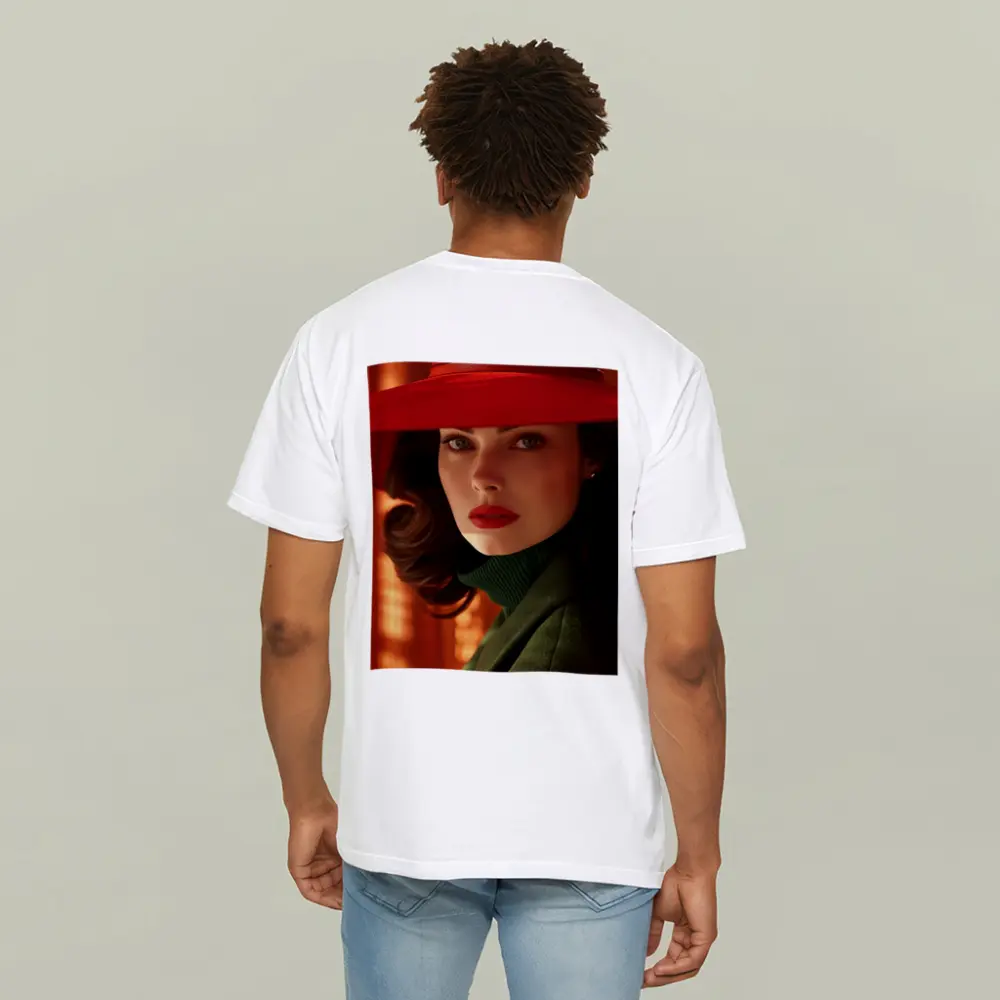 Woman Red Hat Green Coat Retro Portrait – T-Shirts
