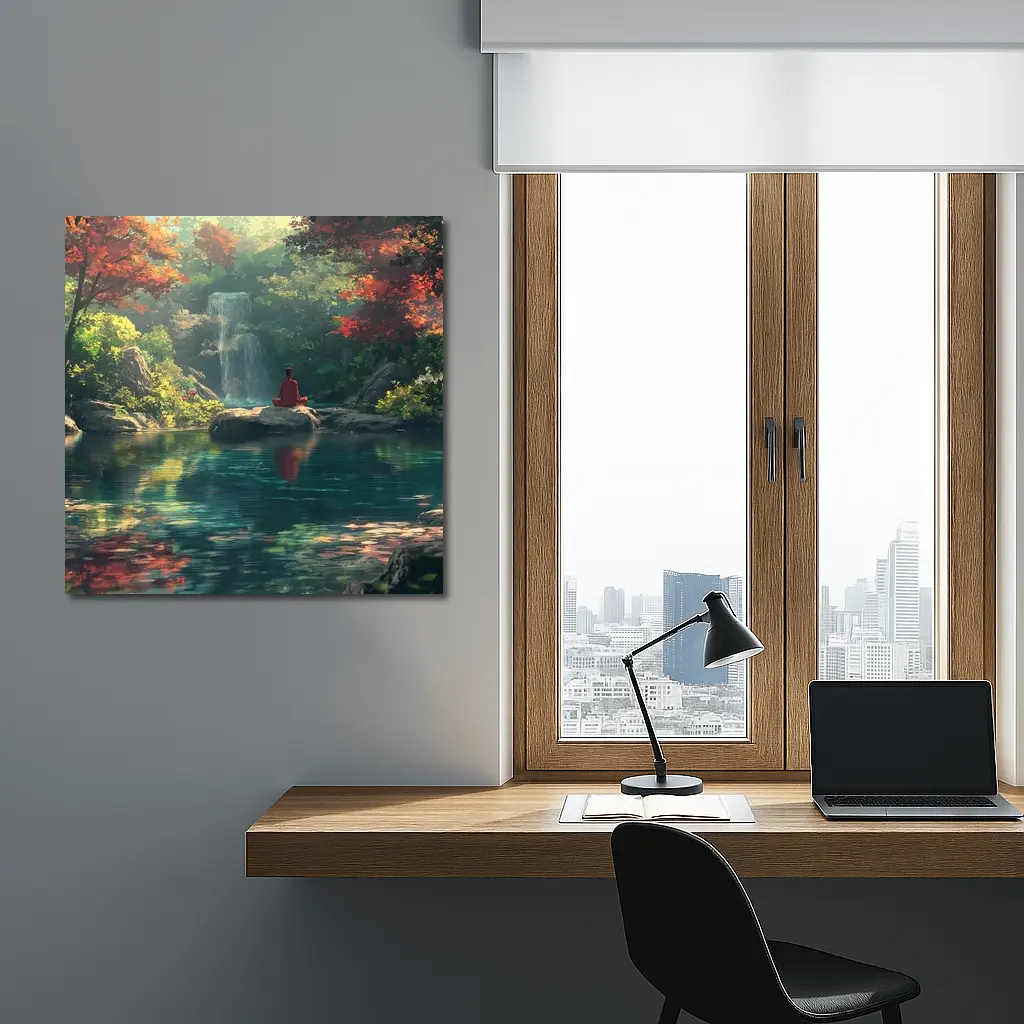 Meditation by Waterfall Autumn Forest Scene – Wall Art