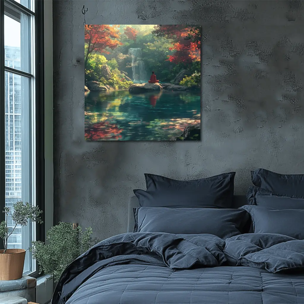 Meditation by Waterfall Autumn Forest Scene – Wall Art