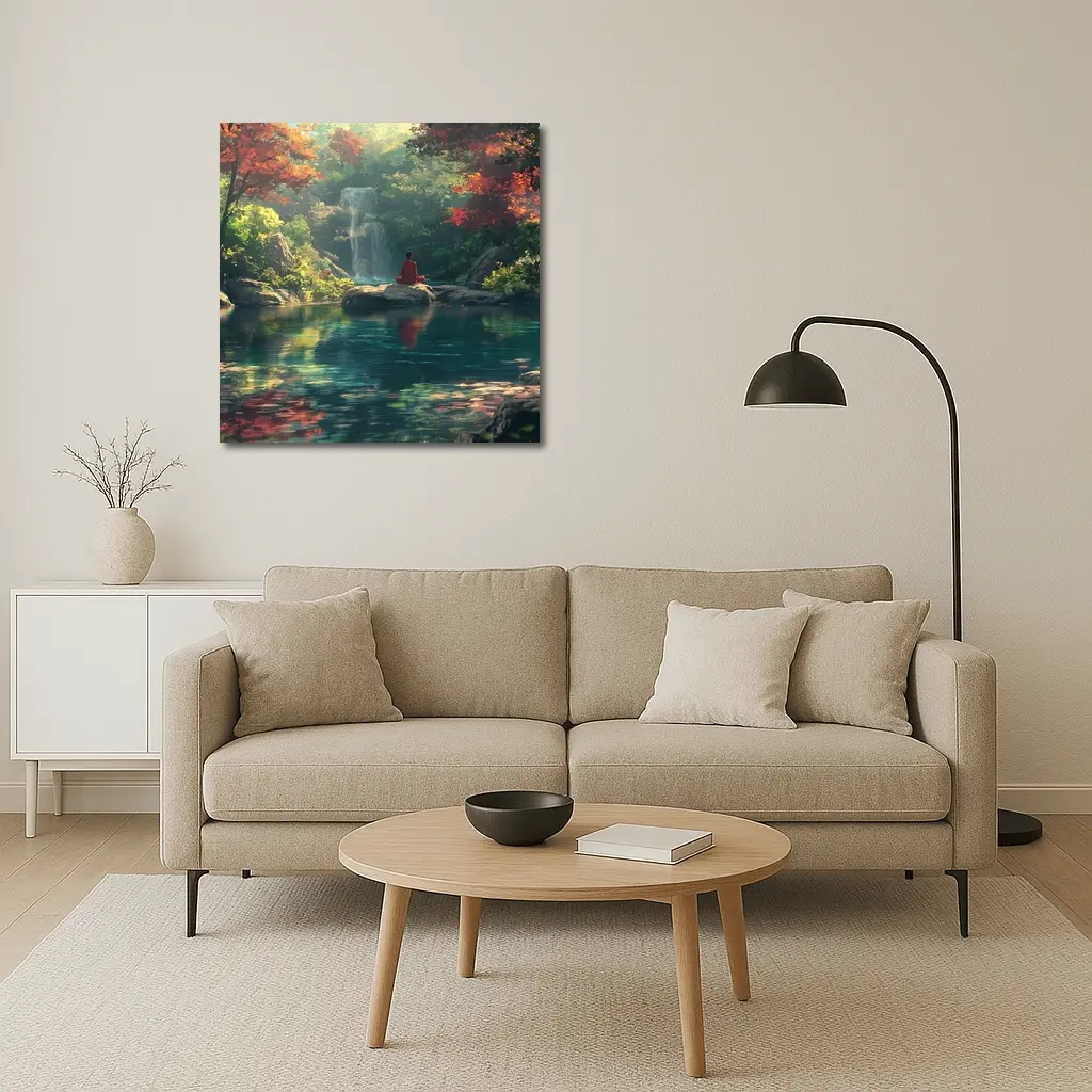 Meditation by Waterfall Autumn Forest Scene – Wall Art